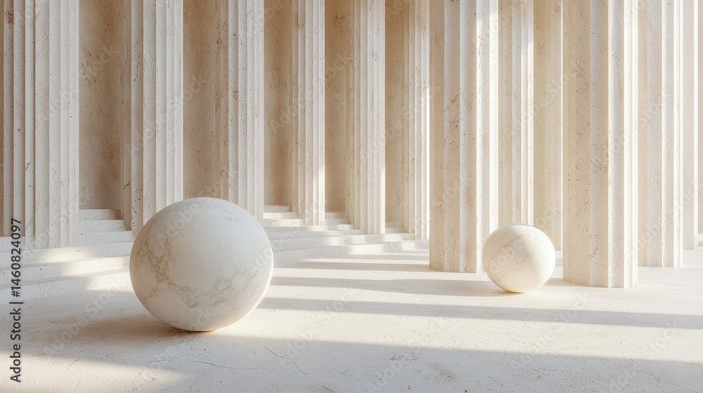 Poster a realistic 4k side angle view showcases a layered 3d background with marble spheres between fluted 