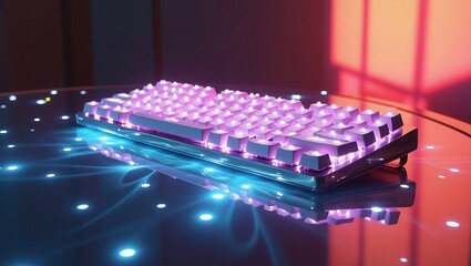 Holographic keyboard on glass table, morning light reflections