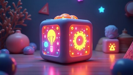 Interactive learning cube for kids, glowing symbols