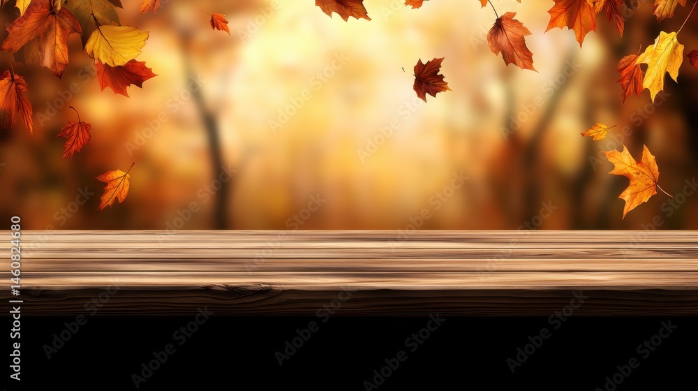 Poster autumn leaves falling over wooden table background in forest setting with golden light for product d