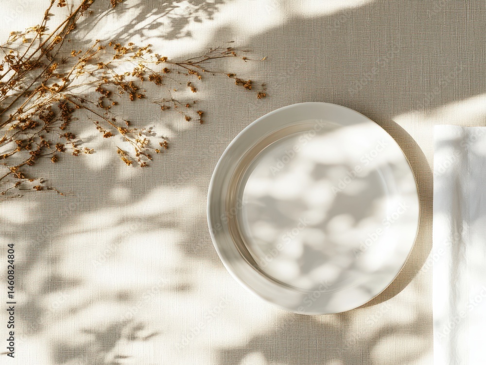 Poster minimalist table setting with empty plate and linen napkin overhead shot in natural light with shado