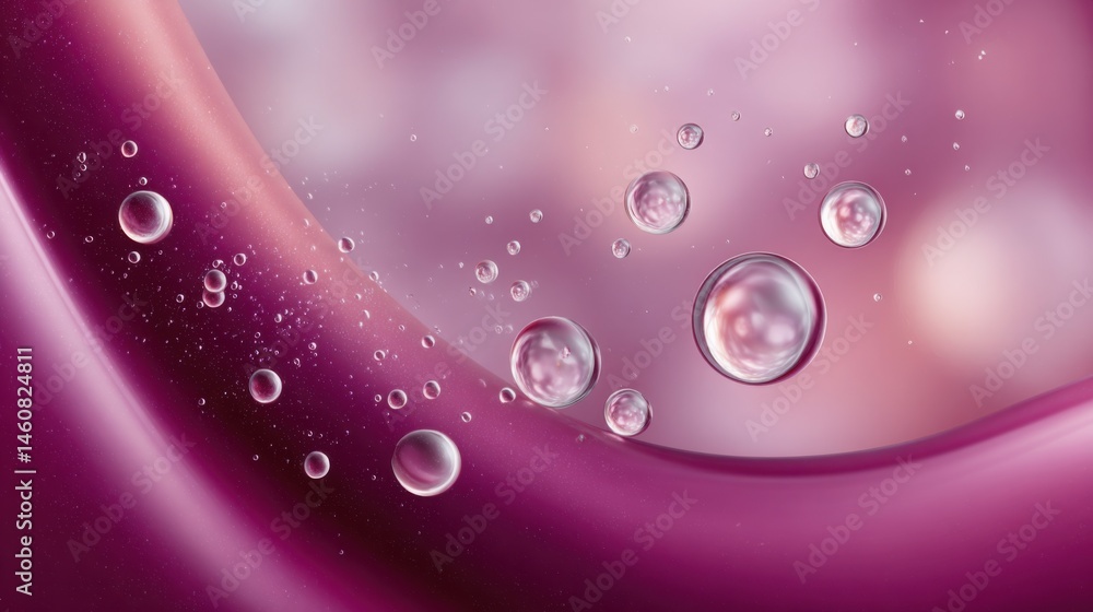 Poster macro view of fuchsia gel wave curling with suspended dew-like droplets and prismatic light reflecti