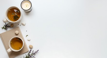 A flat lay showcases tea cups, a book, lavender, stones, and a lit candle on clean white backdrop.