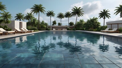 Fototapeta premium Hyper-realistic 3D render of an empty resort swimming pool after tropical rain, wet tiles, overcast sky reflecting on water, palm trees in the background, calm mood, no people,Generative Ai 