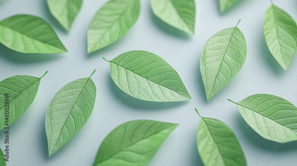 Poster a realistic 4k 3d background collage presents a side angle view of delicate green leaves arranged in