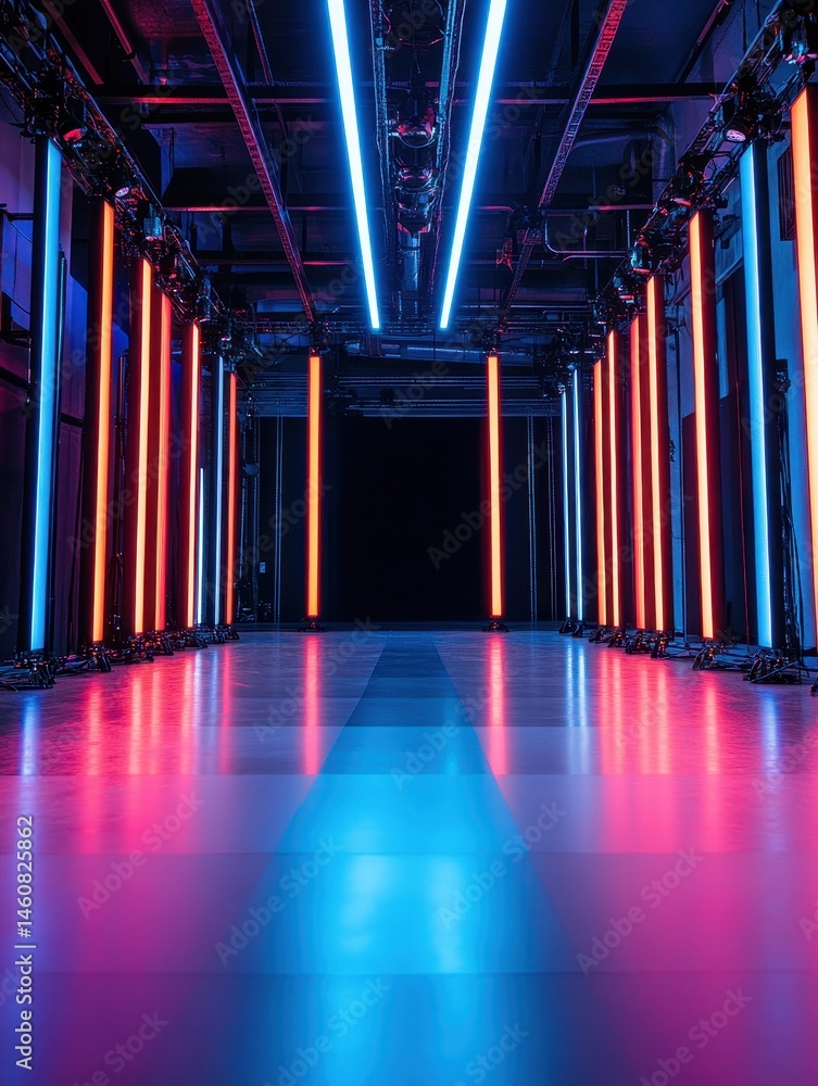 Poster abstract industrial interior perspective with vibrant neon lights and reflections creating a futuris