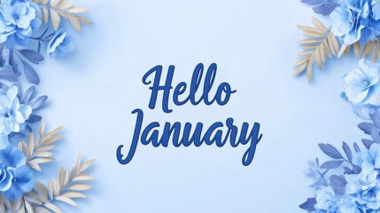 Obraz premium Winter greeting card design, soft blue background with snowflakes, elegant script saying Hello January, festive and inviting.