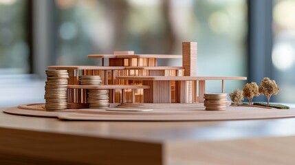 Architectural Model with Coin Stacks Representing Investment and Real Estate Growth Close Up View on Tabletop