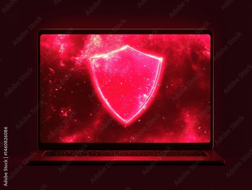 Aufkleber laptop displaying digital shield with red nebula background cybersecurity concept studio shot