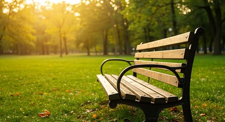 Fototapeta premium Wooden bench invites relaxation in a sunlit park, offering a peaceful escape surrounded by nature.
