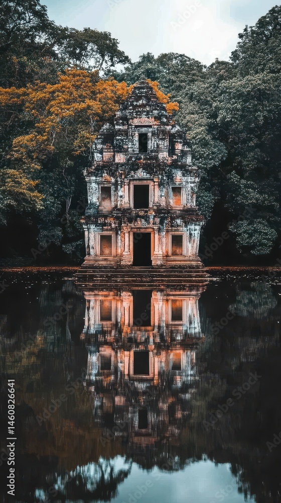 Poster ancient temple reflection in tranquil waters of cambodia; atmospheric view of historic architecture 