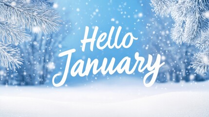 Winter landscape featuring frosty trees, cheerful winter theme, welcoming new year with a bright blue backdrop.