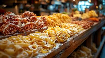 Fototapeta premium Fresh pasta in various colors and shapes, displayed on a wooden counter, dusted with flour. A rustic, appetizing close-up shot perfect for food blogs and culinary publications.