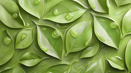 Fototapeta premium Realistic 4K 3D background showcasing a side angle view of vibrant green leaf patterns adorned with delicate water droplets, creating a natural aesthetic design.