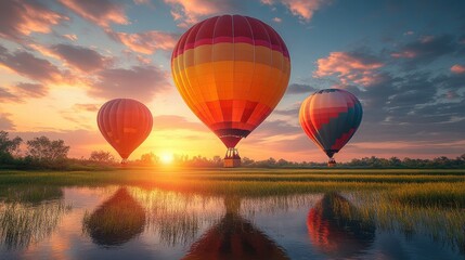 Fototapeta premium Colorful hot air balloons over a serene landscape at sunrise