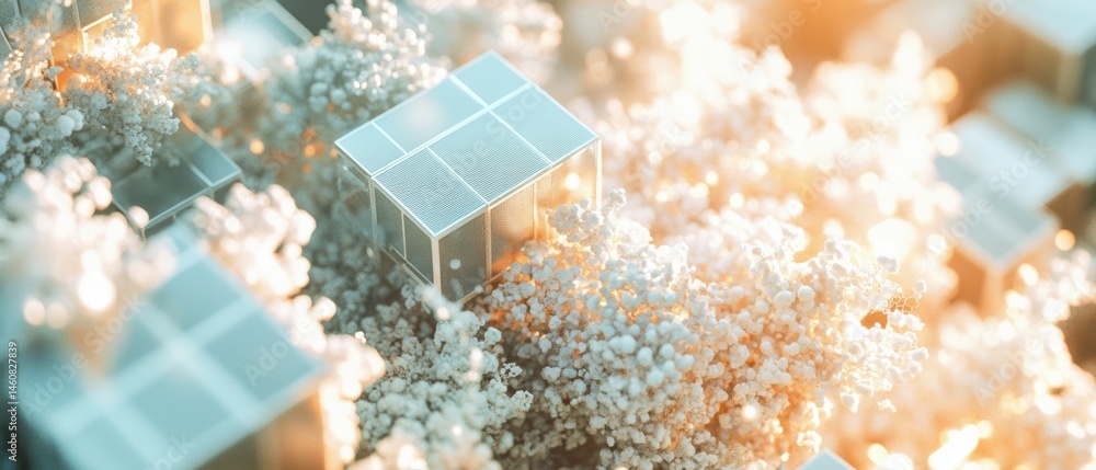 Poster solar panel cubes emerging from white fluffy growth abstract close up photorealistic render