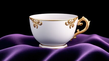 Ornate baroque coffee cup with carved gold handles, placed on velvet cushion, rich dramatic shadows
