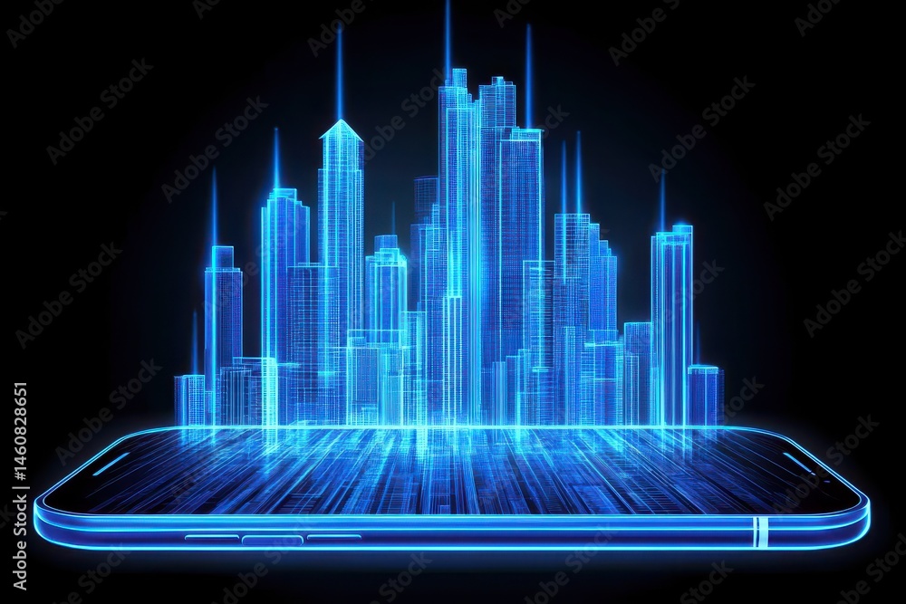 Poster futuristic cityscape hologram displayed on smartphone screen with glowing blue lines and black backg