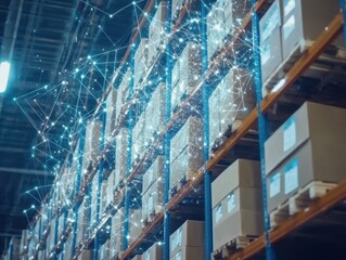 Warehouse shelves filled with cardboard boxes overlaid with digital network connection concept low angle view