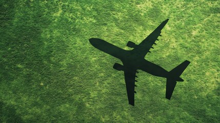 Airplane shadow on green grass aerial view concept of travel and environmental impact of air transport top down perspective