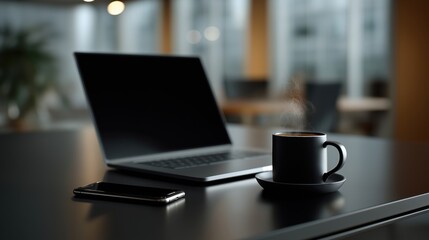 low angle view of black office desk with laptop, coffee, and smartphone, modern and clean flat lay, high-demand in stock sites.