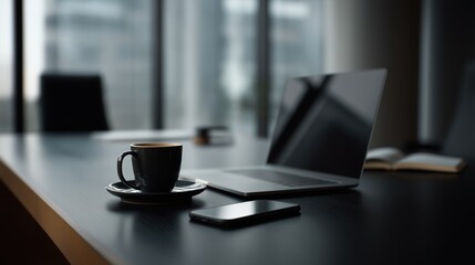 low angle view of black office desk with laptop, coffee, and smartphone, modern and clean flat lay, high-demand in stock sites.