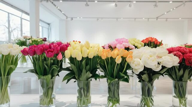 Many bouquets of different color flowers in glass vase. Interior with tulips, peonies and carnations. Presentation of modern flower shop. Floral arrangement for event decoration, wedding concept.