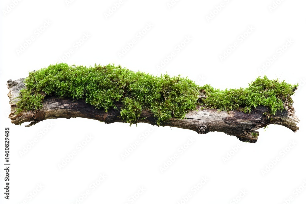 Poster mossy log isolated on white background close up studio shot of green moss growing on fallen tree bra