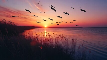 Sunset over tranquil lake with birds in flight