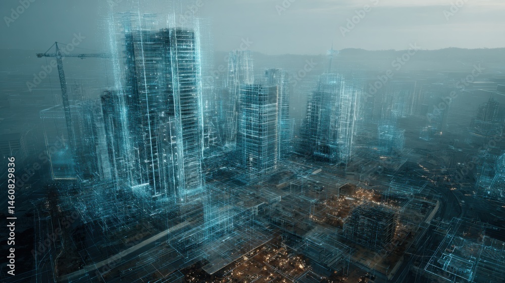 Poster screen close-up of futuristic city being built in real time using architectural rendering software