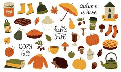 Cute autumn set. Hand drawn vector illustration isolated on a white background. Cozy elements for autumn party, Thanksgiving day, farmer's market. A big collection of fall items for the autumn season