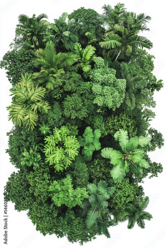 Aufkleber aerial view of lush green tropical forest canopy with palm trees and dense foliage on white backgrou