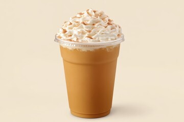 Delicious pumpkin spice latte in plastic cup topped with whipped cream and cinnamon powder on beige background studio shot