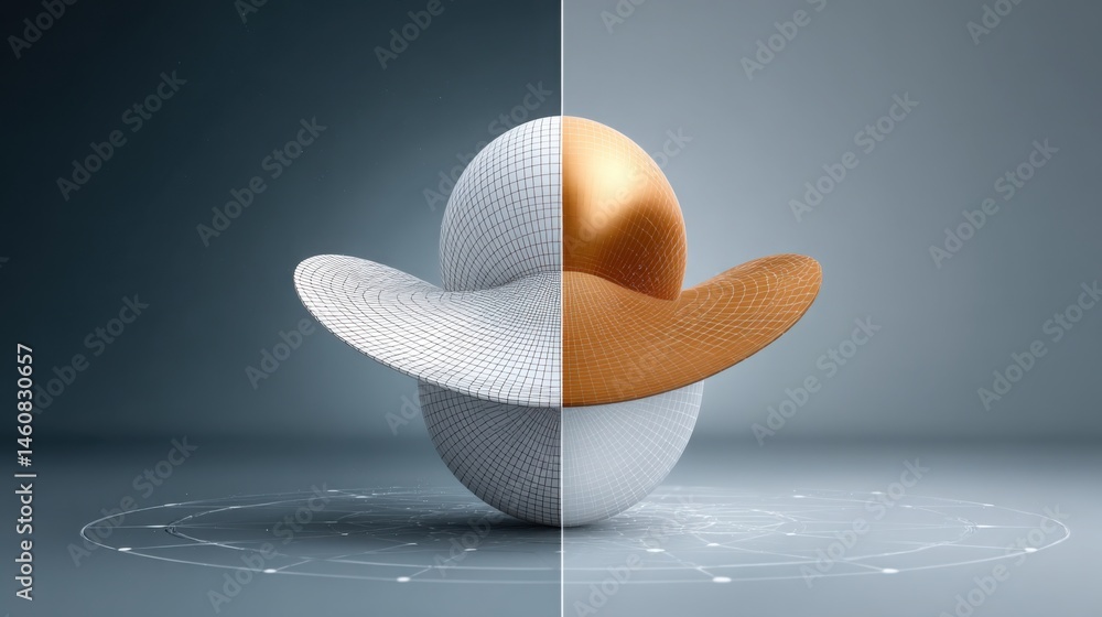 Poster split screen of same 3d object with wireframe, flat shading and realistic material render