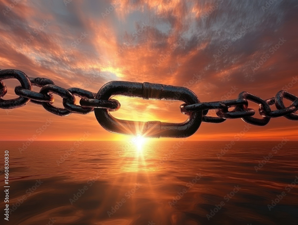 Poster chain links against a vibrant sunset over the ocean water surface in a conceptual low angle shot sym