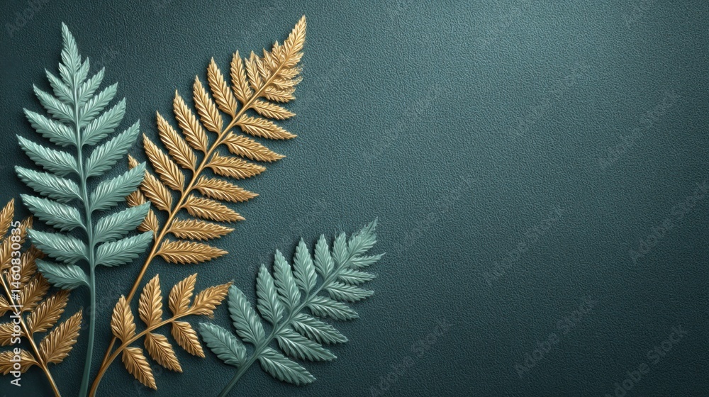 Poster studio shot of a premium notebook cover embossed with hyperrealistic fern leaf patterns, emerald