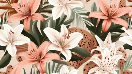 Vibrant floral pattern featuring pink and white lilies, lush greenery in a soft, elegant design perfect for backgrounds.