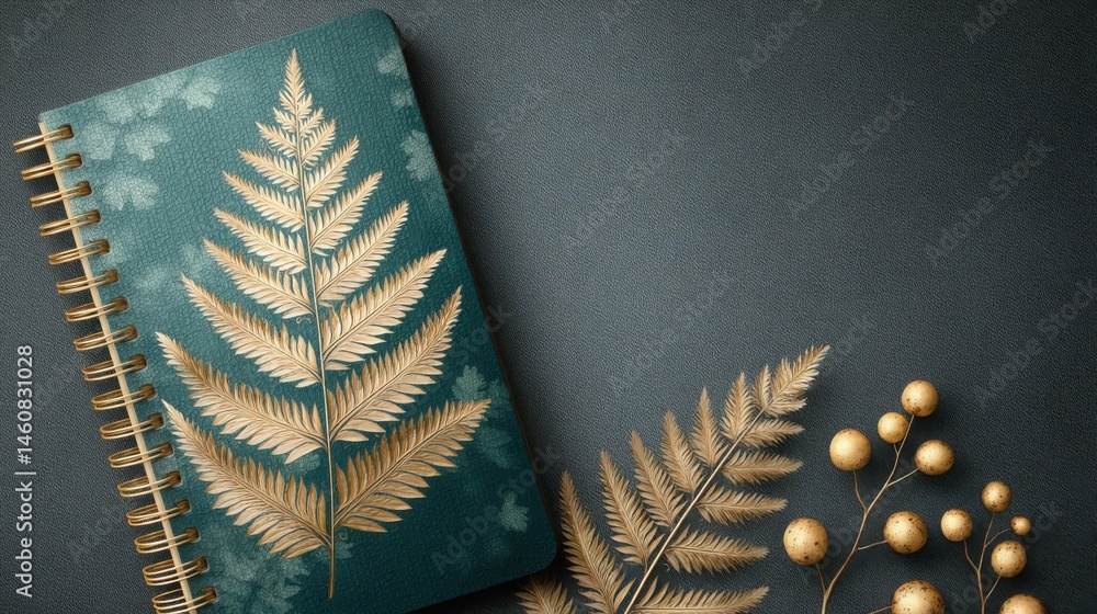 Poster studio shot of a premium notebook cover embossed with hyperrealistic fern leaf patterns, emerald