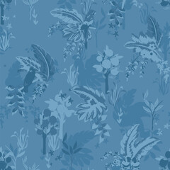 Blue Tropical Jungle Seamless Pattern with Birds and Foliage for Textile Print for Fabric