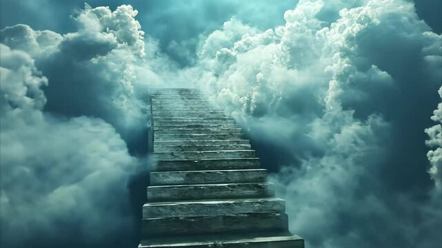 Stairway leading to clouds in a heavenly atmosphere for serene video background, stair on cloud in heaven video background for live wallpaper