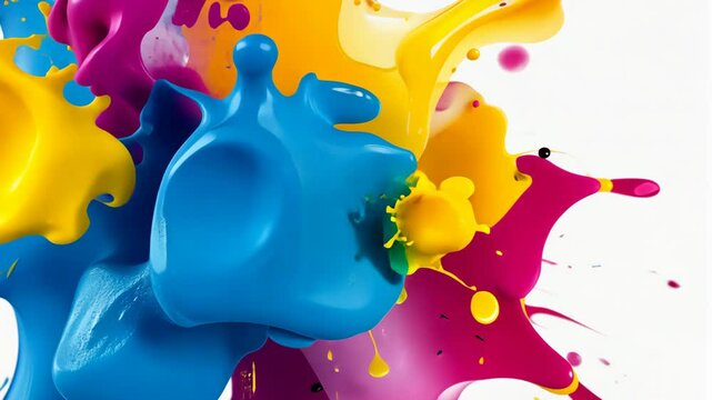Abstract paint splash and splatter in blue, yellow and magenta over white. Modern artistic background for creative design and vivid concepts.