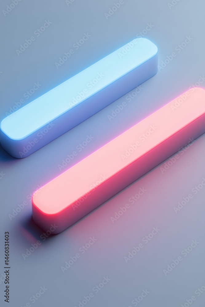Poster two glowing bars in blue and pink on a gray surface studio shot minimalist composition for technolog