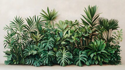 Lush tropical plants including monstera, palms and various foliage are depicted in an expressive oil painting against a soft white neutral background today.
