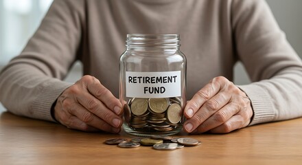 A woman places her hands protectively around her retirement fund jar filled with coins.