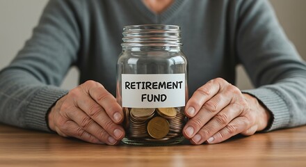 Mature woman's hands protect a glass jar filled with coins, labeled Retirement Fund savings.