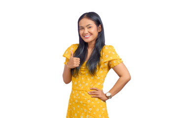 Portrait of smiling young Asian woman showing thumbs up at camera isolated on transparent background