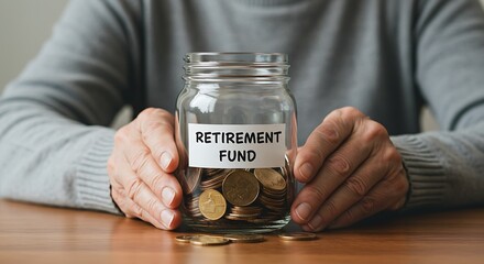 Close-up of a man's hands protecting a jar labeled 'Retirement Fund' filled with gold coins.