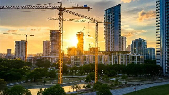 Sunset over the growing skyline of Austin Texas with construction cranes and vibrant clouds, The growing cityscape of Austin Texas with cranes in view during sunset