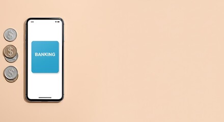 Mobile phone displaying a banking app interface beside stacked coins on a seamless tan background