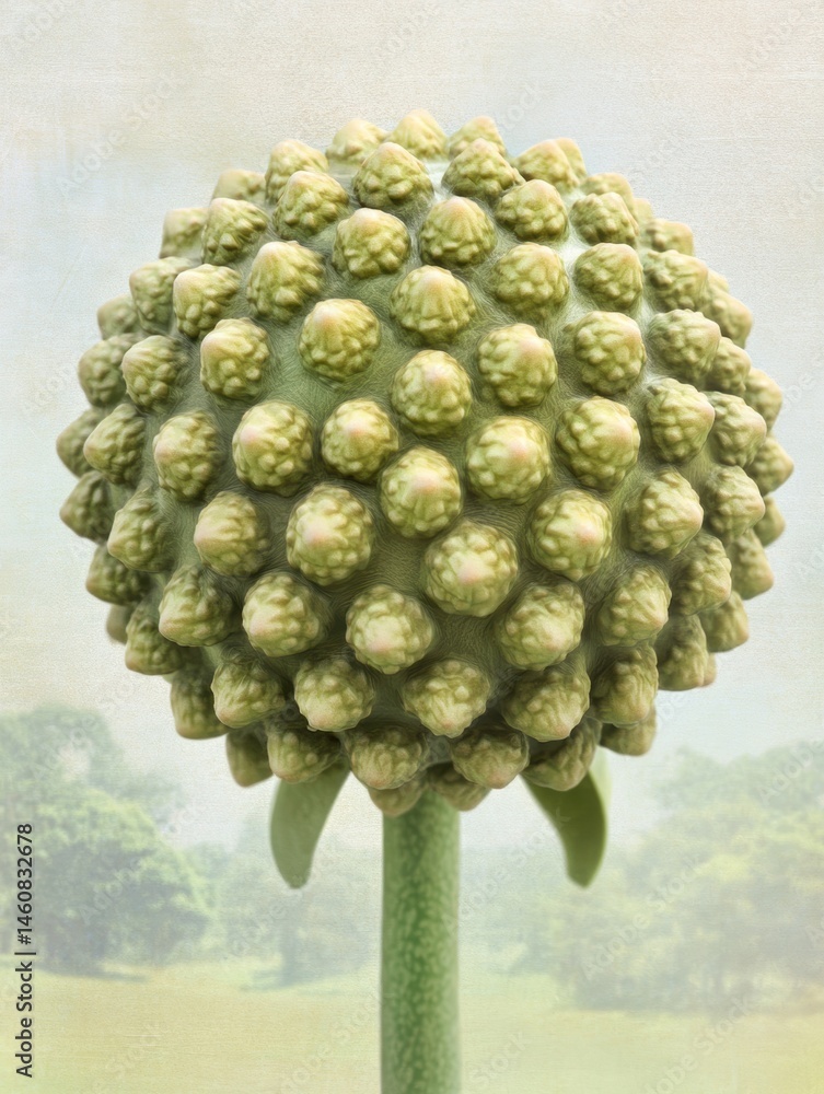 Poster close up of allium flower seed head in garden setting with soft focus background and textured surfac